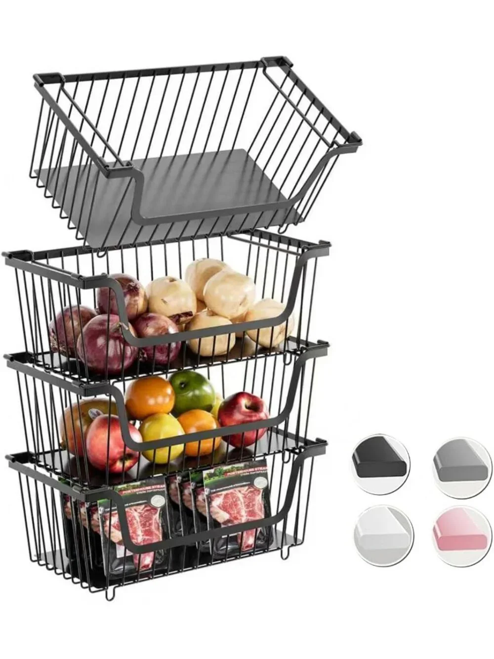 4 Stackable Wire Baskets for Pantry Organization & Storage - Black Bins